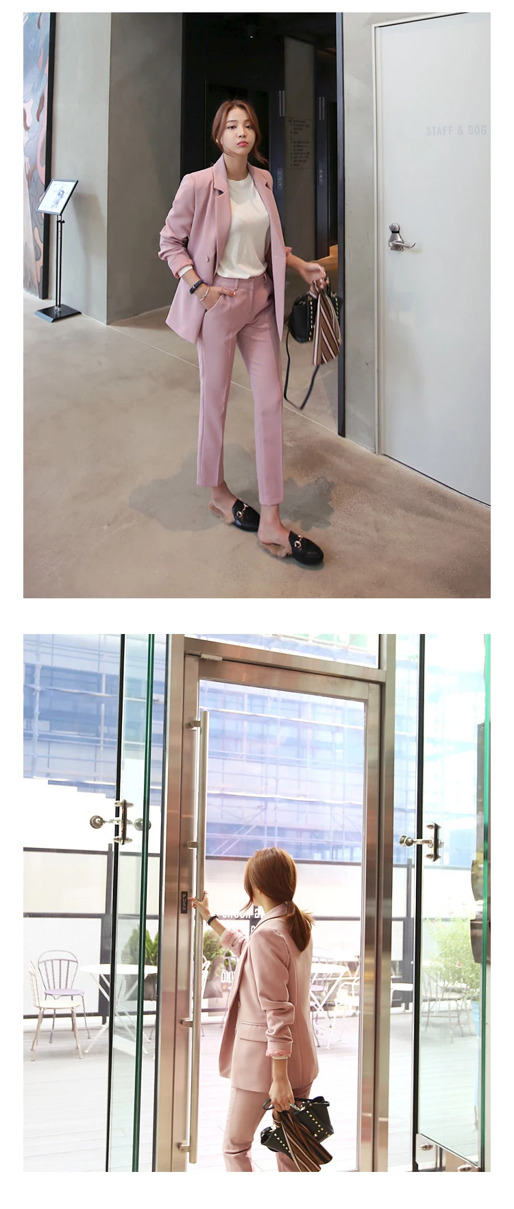 S-2XL размера плюс, элегантный брючный костюм, женский Повседневный блейзер с длинным рукавом+ узкие брюки на пуговицах, Женский комплект 2 шт., осенняя Розовая Одежда
