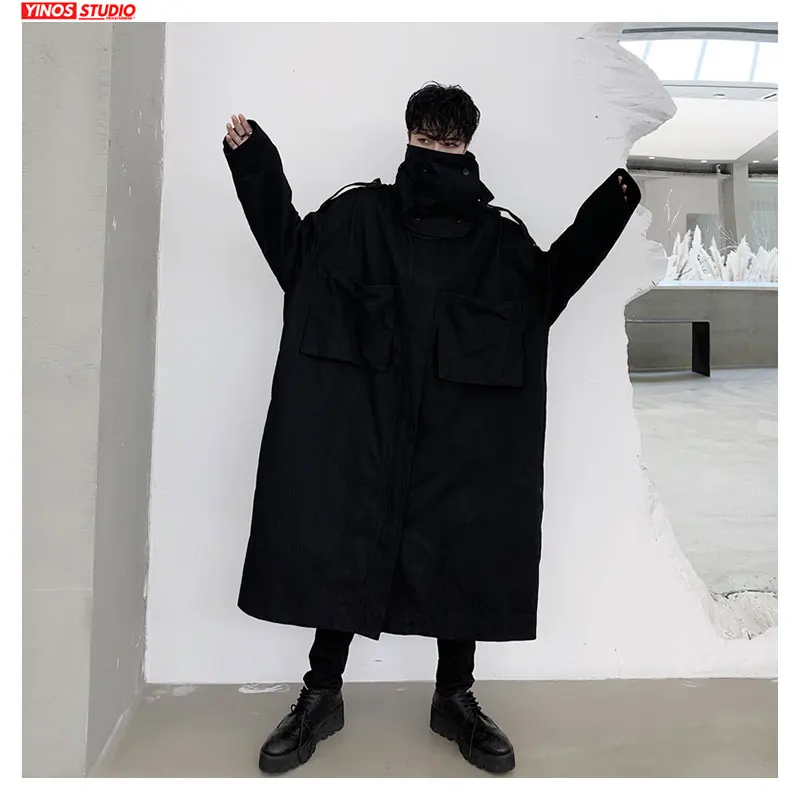Прямая поставка, мужские однотонные Топы с длинным рукавом и высоким воротником, дизайнерские модные пальто, удлиненная теплая ветровка, плащ