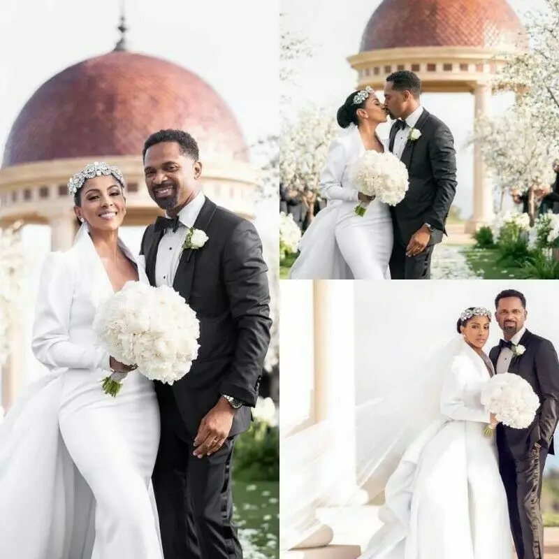 

Elegant Satin Wedding Dresses with Detachable Train Mermaid Wedding Gowns Long Sleeve Custom Made Sweep Train Robe de soriee