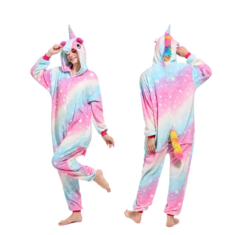 Новые зимние пижама кигуруми для взрослых с рисунками животных; одежда для сна с героями мультфильмов; комплекты пижама унисекс; теплая фланелевая одежда для сна с капюшоном и стежком в виде единорога - Цвет: galaxy unicorn