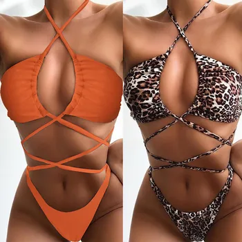 

JAYCOSIN Women's Two Piece Filled Bra Sexy Solid Leopard Bandage Bathing Female Summer Lingerie Beachwear Wire Free Bra 19Nov25
