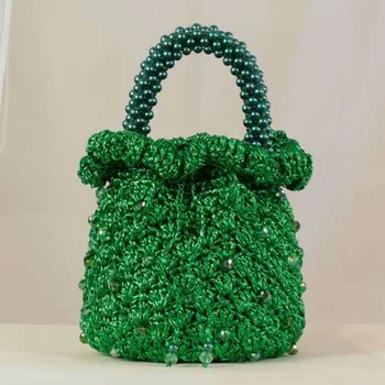 

New Ribbon Strip Line Woven Bag Handmade Crochet Cloth Beads Women's Handbag Pearl Green Solid Color Busket Evening Clutch Bags