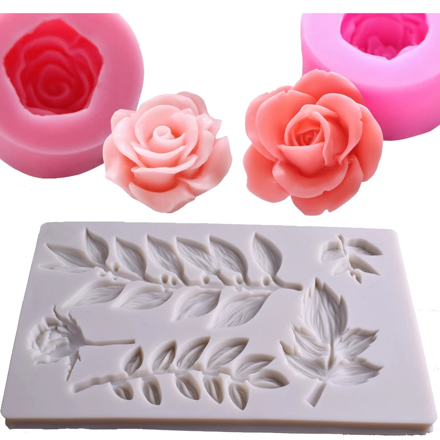 

Rose Flower with leavies silicone molds fondant chocolate mooncake moulds resin clay aroma Molds cake decorating tools
