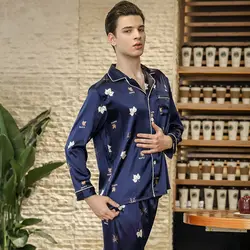 2018 мужской имитированный шелковый пижамный комплект, мужская пижама, шелковая пижама, длинный рукав и штаны, весенний современный стиль