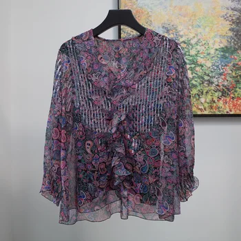 

2020 spring new Floral Print Cover-up Europe And America sequined Beads women's Long-sleeved chiffon Shirt with sling