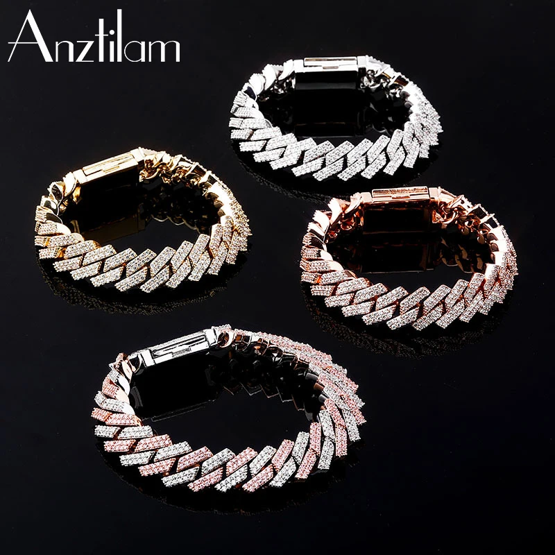 

14mm High-Quality Seamless Hip Hop Square Cuban Chain Bracelet Bling CZ Stone Paved Iced Out Miami Cuban Link Chain Bracelets