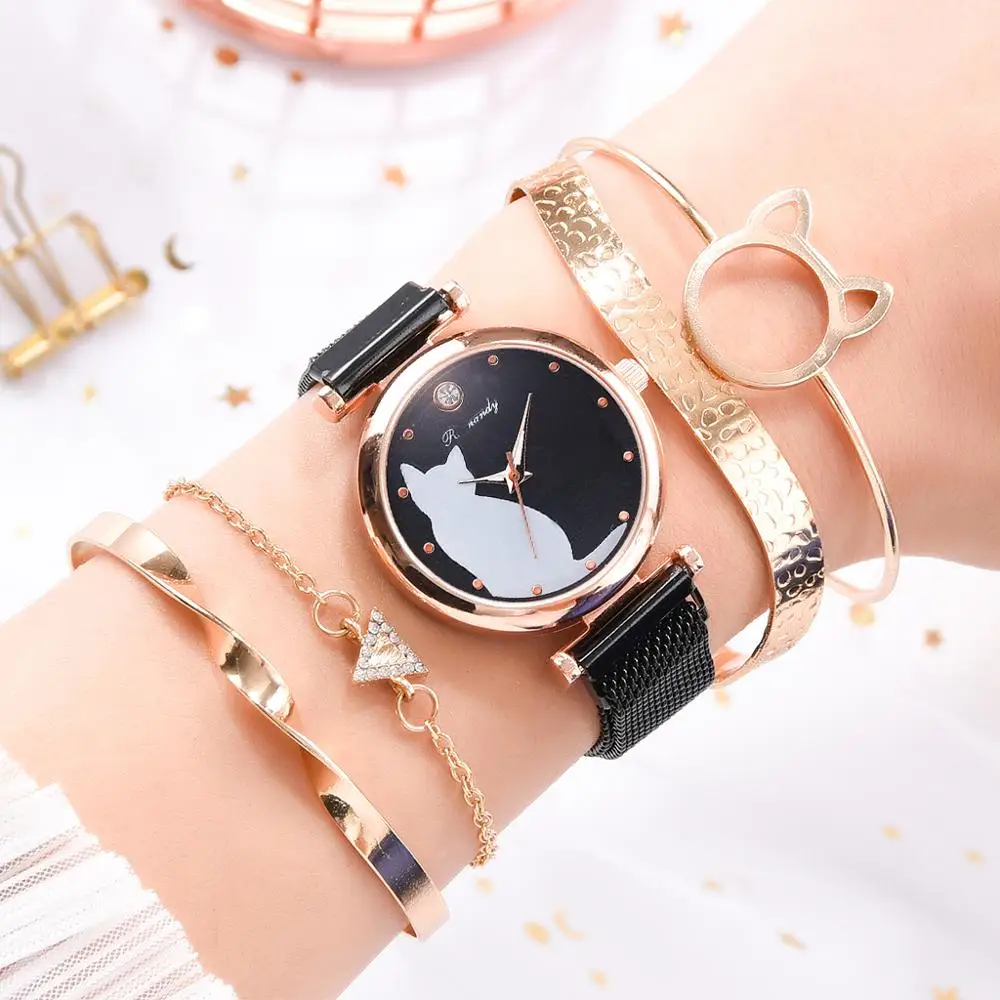 

5pcs/set Women Watches Rose Gold Bracelet Set Cat Pattern Black Magnet Watch Ladies Bracelet Wrist Watches Luxury Quartz Clock