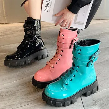 

New 2020 Punk Boots Women Patent Leather Platform Sneakers Autumn 10CM Wedge Heels Mid-Calf Boots Woman Motorcycle Boots Black