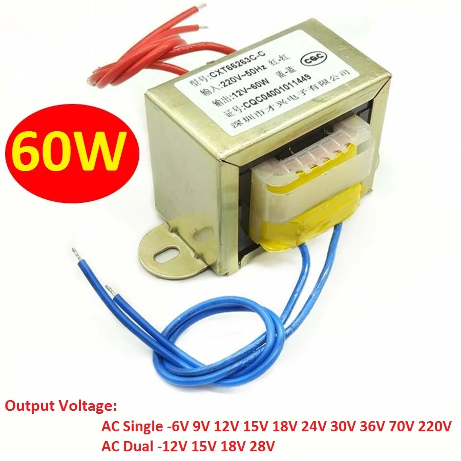 

EI66 60W/VA Power Transformer Input AC 220V/380V~50Hz Output AC Single/Dual 6V 9V 12V 15V 18V 24V 30V to 220V Copper Core