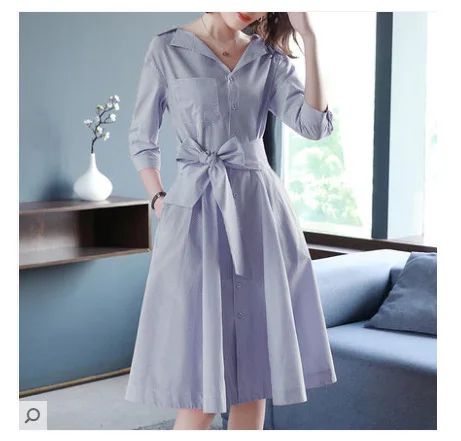 

2019 Spring And Summer New Style Ol Elegant WOMEN'S Striped Shirt Dress Waist Hugging Slimming V-neck Dress Women's
