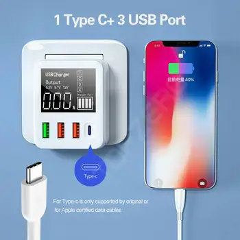 

4-port USB Charger Type C Quick Charge Led Display QC3.0 Portable Charger for Moblie Phone Tablet