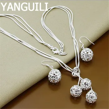

Jewelry Sets 925 Sterling Silver Fashion Round Ball Necklace Earrings Set For Women Men Wedding Gift