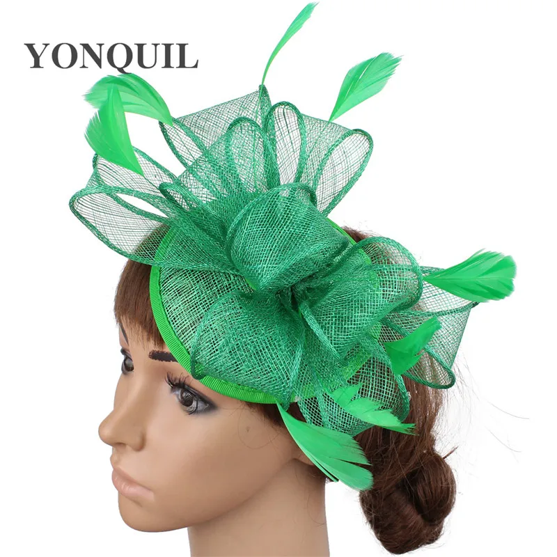 Вуалетки sinamay основа с перьями millinery sinamay петельки свадебные красные коктейльные Шляпы перо tocados sombreros bodas 17 цветов - Цвет: Зеленый