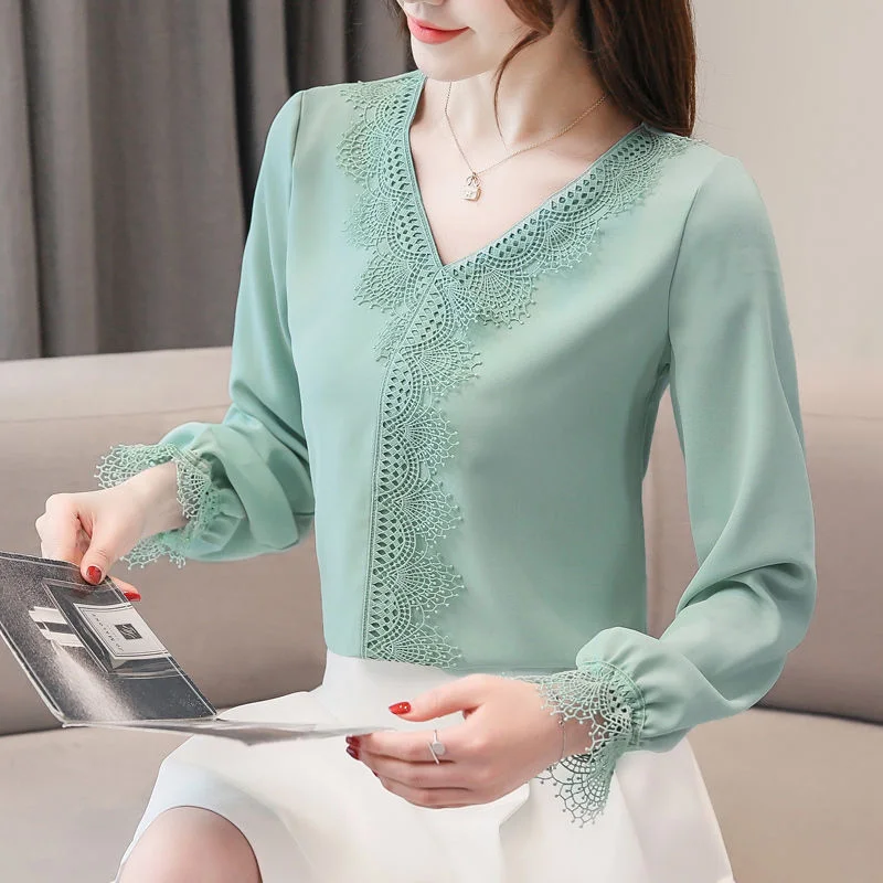  Women Spring Summer Style Lace Chifon Blouses Shirts Lady Casual Long Lantern Sleeve V-Neck Blusas 