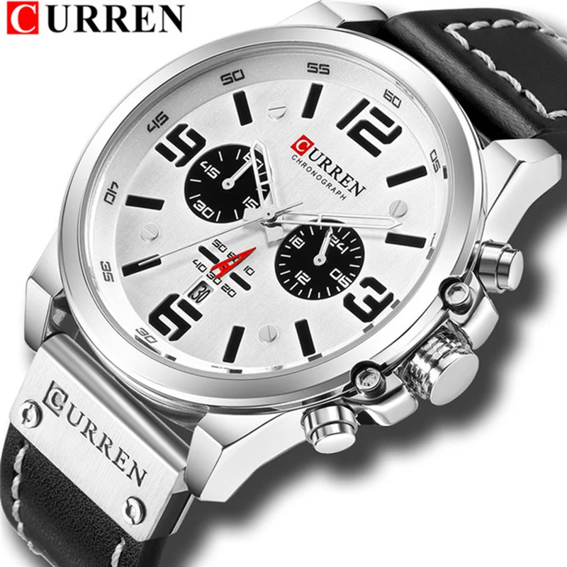 Black White White CURREN Брендовые мужские военные водонепроницаемые роскошные кожаные спортивные кварцевые часы с хронографом и датой, модные повседневные мужские часы - Цвет: Black White White