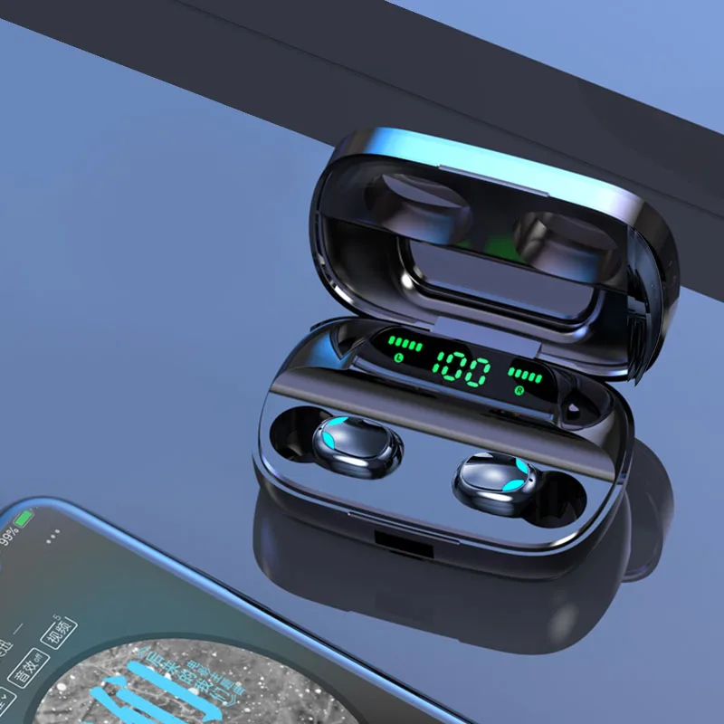 Tws bluetooth-гарнитура с сенсорным бинауральным микрофоном светодиодный дисплей Беспроводная bluetooth-гарнитура Водонепроницаемая гарнитура с шумоподавлением - Цвет: Black LED