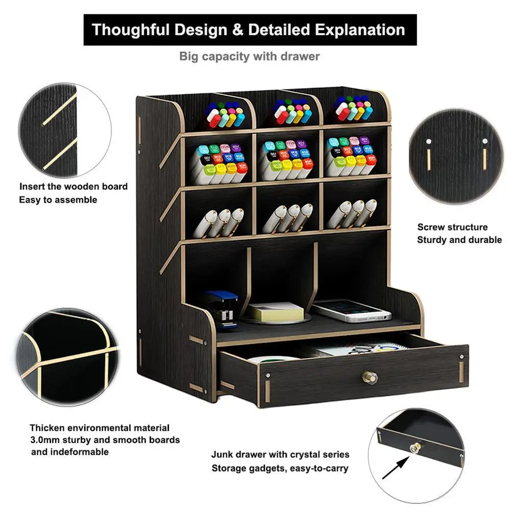 

Wooden Stationary Organizer Multi-functional Large Capacity Fashionable Multiple Compartments Desktop Pen Holder