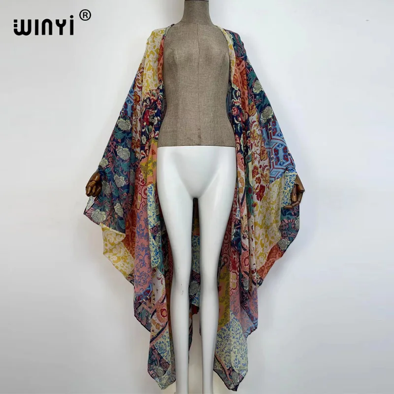 Kimono Dress Kaftan Bikini Cover-up Swimwear America Women Clothes Coat African Floral Printed Front Open Africa Robe Muslim