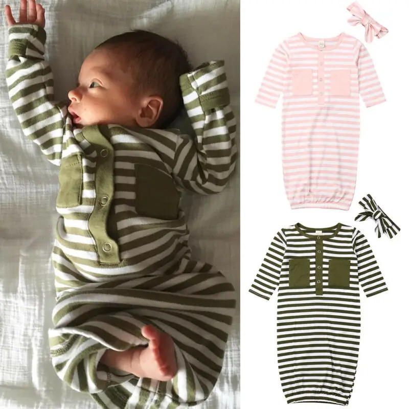 

CANIS Newborn Baby 2019 Autumn Stripe Swaddle Wrap Swaddling Sleeping Bag Long Sleeve O Neck Blanket Headband Set