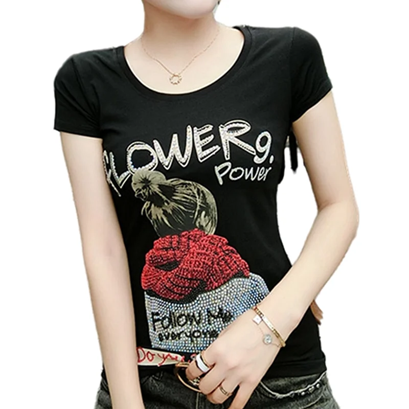 

2023 New Cotton Hot Drilling T-Shirt Women Short Sleeve Beauty Girl Print Summer T Shirts