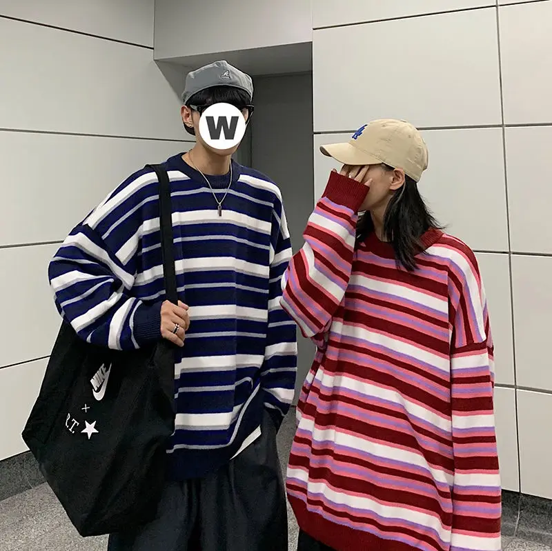 

Winter Striped Sweater Men's Warm And Fashionable Hit Color Casual Knit Pullover Men Clothes Wild Loose Korean Couple Sweater