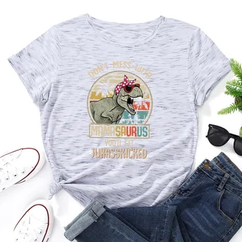 JCGO Summer Cotton Women T Shirt 5XL Plus Size Dinosaur Letters Print Short Sleeve Graphic