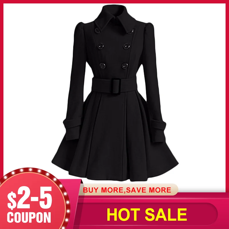 

New Autumn Winter Women Overcoat Slim A-Line Solid Sash Double-Breasted Lapel Neck Mid-Long Fashion Warm Trench Coat Outwears