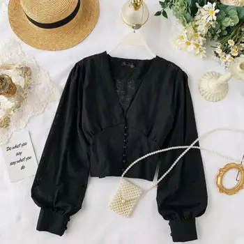 

Women V Neck Sexy Casual Shirts Lady White Black Solid Color Elegant Blouse Long Sleeve Blusas Femininas Elegante J681