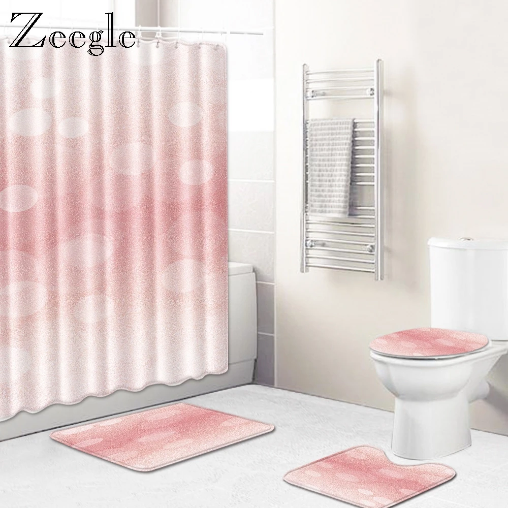Zeegle Modern Bath Mat Set Washable Bath Shower Curtain Shower Room Doormat Flannel Bathroom Soft Mat Anti-slip Toilet Foot Mat