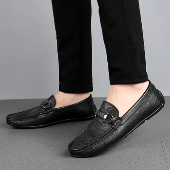 

Genuine Leather Men's Casual Shoes outdoor fashion Luxury Brand Mens Loafers Flats Breathable spring Slip on Black white Shoes