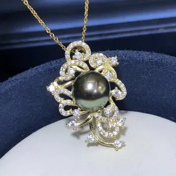 

D326 Pearl Neckalce Fine Jewelry 925 Sterling Silver Natural 10-11mm Ocean Sea Tahiti Black Pearl Pendants Necklaces for Women