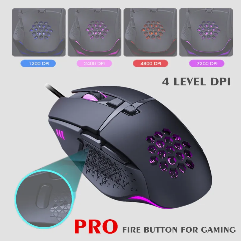 Ratón óptico LED con Cable de 7200 DPI para juegos de ordenador, periférico ergonómico con Cable para PC, portátil, RGB, retroiluminado