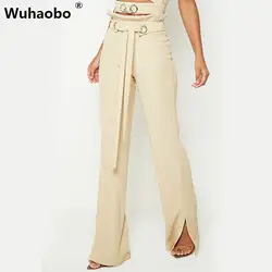 Wuhaobo вельветовые сексуальные высокие уличные женские брюки с колокольчиками Модные Длинные повседневные брюки с поясом осенние женские