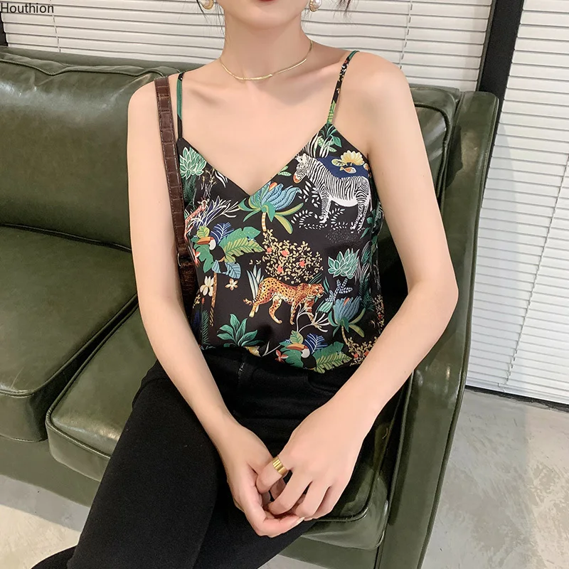 Women's Vest Sleeveless Tops Fashion  V-neck Stitching Printing Satin Sexy Summer green bra