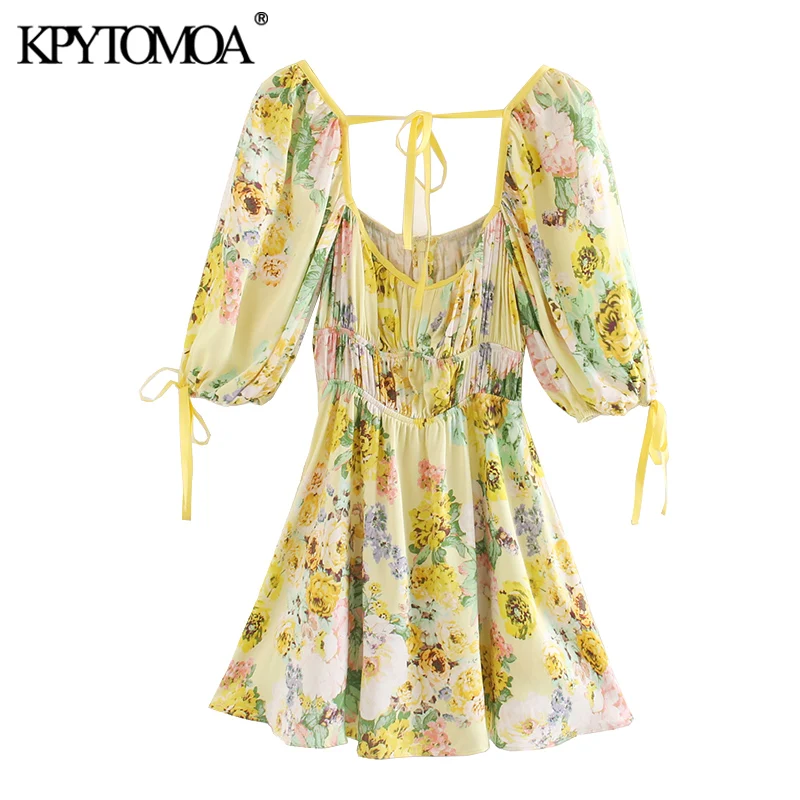 KPYTOMOA Women 2020 Chic Fashion Floral Print Pleated Mini Dress Vintage Tied Square Collar Short Sleeve Female Dresses Vestidos KPYTOMOA Women 2020 Chic Fashion Floral Print Pleated Mini Dress Vintage Tied Square Collar Short Sleeve Female Dresses Vestidos