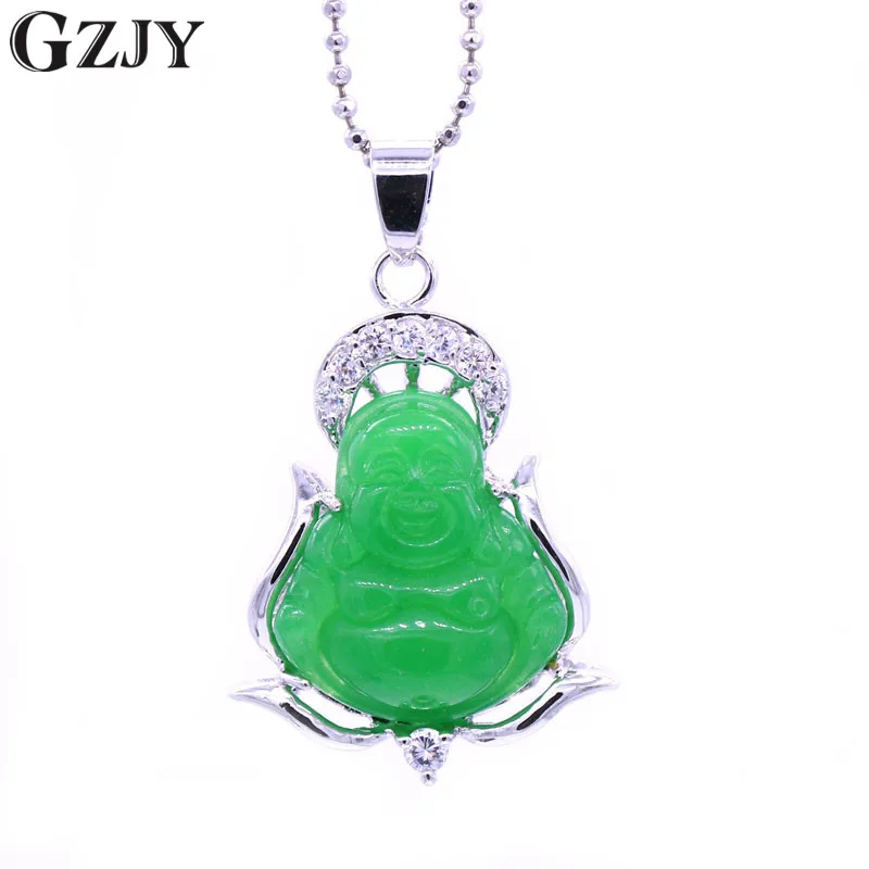GZJY модное ожерелье с подвеской подвеска улыбка лицо Будда зеленый камень циркон белого золота цвет кулон для женщин подарок ювелирные изделия