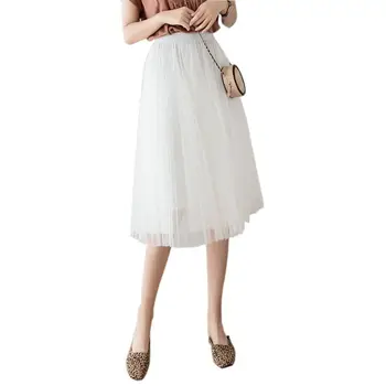 

Womens High Waist Layered Mesh Pleated Knee Length A-Line Skirt Pleated Tulle Korean Plain Solid Color Fancy Casual Party Dress