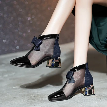 

Women Summer Net Boots High Heels Party Shoes Woman Winter New Genuine Leather Fashion Short Bow Women Ankle Boots Steinmeier
