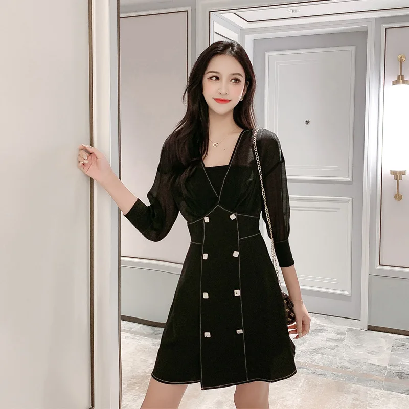 

2019 Autumn And Winter New Style Graceful Skirt Double Breasted Waist Hugging Slimming V-neck Joint Mesh Dress Send Tube Top