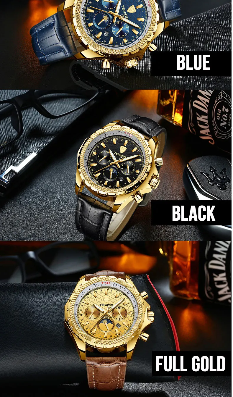 Automatic Mechanical Mens Watches Top Brand Luxury Golden Clock Moon Phase Date Stainless Steel Strap Military Wristwatch