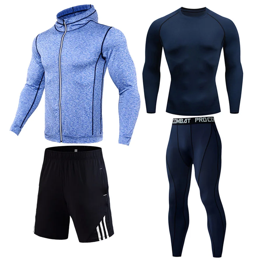 Мужская одежда для спортзала зимнее термобелье фитнес сухая футболка спортивные шорты Толстовка мужские Леггинсы 4 шт. Юнион костюм черный