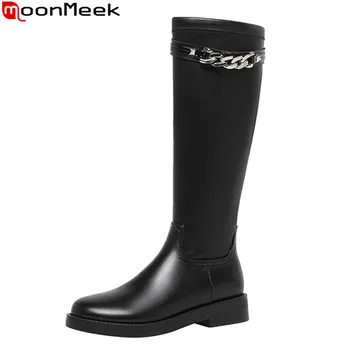 

MoonMeek 2021 New Hot Sale Winter Boots Low Heel Round Toe Black Color Women Boots Comfortable Pu Leather Knee High Boots