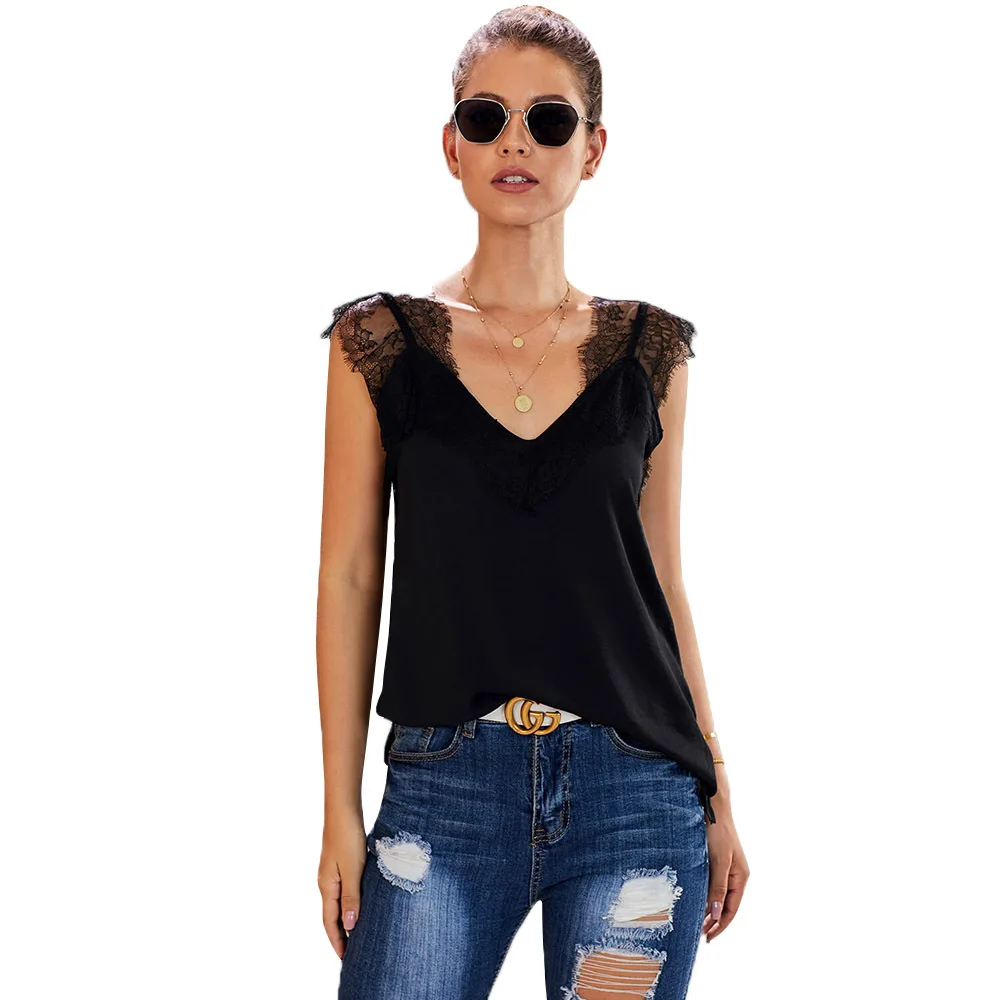 OYOANGLE Camiseta Sin Mangas Con Cuello En V Y Encaje De Guipur Para Mujer