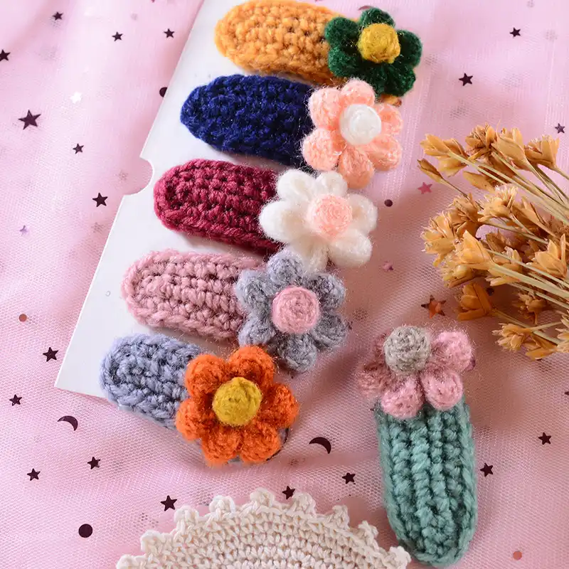 Flower retro cute hair clips for toddlers Handmade light blue floral Knitted Crochet hair clips Ladies hair clips