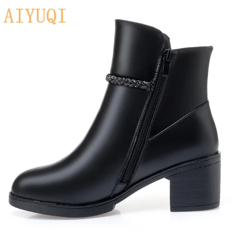 AIYUQI г. Новые зимние женские ботинки на высоком каблуке ботильоны из натуральной кожи женская повседневная шерстяная обувь, большие размеры 41, 42, 43 зимние ботинки
