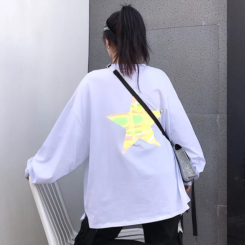 Женские футболки, топы, японские Kawaii, для девушек, Ulzzang, с принтом, светоотражающие, с длинным рукавом, футболка, женская, Harajuku, одежда для женщин