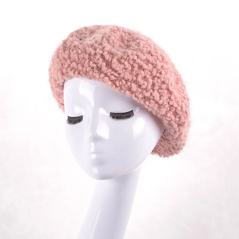 OMEA кашемировый берет, шапка для женщин, шерстяной берет с блестящей нитью, однотонный берет, шапка, шапка художника, зимняя английская берет - Цвет: Pink