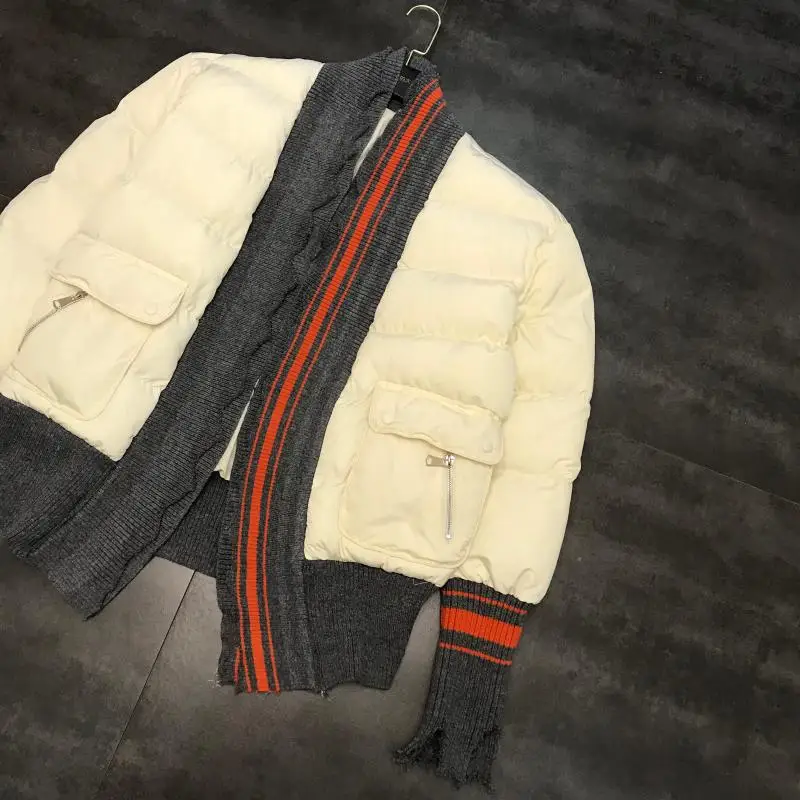 winter new knitted thread edge stitching double pocket hit color warm cotton clothing cotton coat female tide
