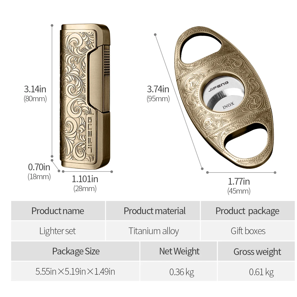 Luxury Cigar Lighter Cigar Cutter Set Straight Strong Fire Windproof Lighters Metal Stainless Sharp Cutter Exquisite Carving