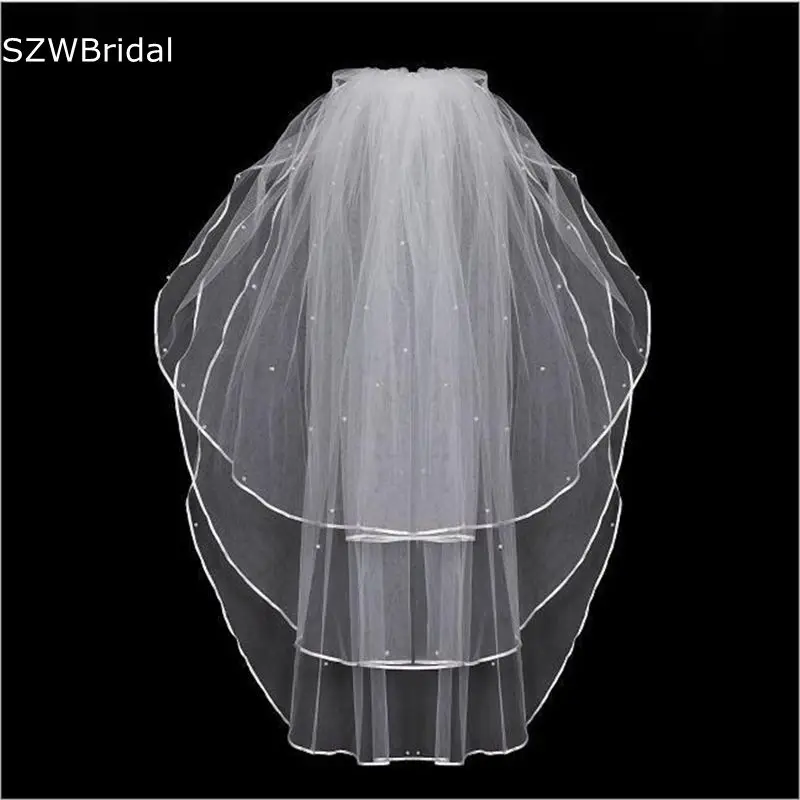 

White Ivory Wedding veils Beaded Pearls Three Layer Cheap Bridal Veil Matrimonio Boda Wedding accessories 2024 mariage